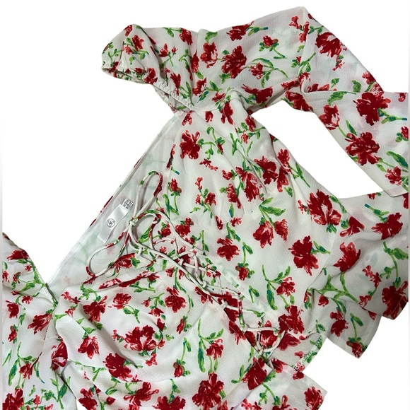 Missguided White Floral Long Sleeve Shirt Tie Up Front and Puff Sleeves - Picture 3 of 5